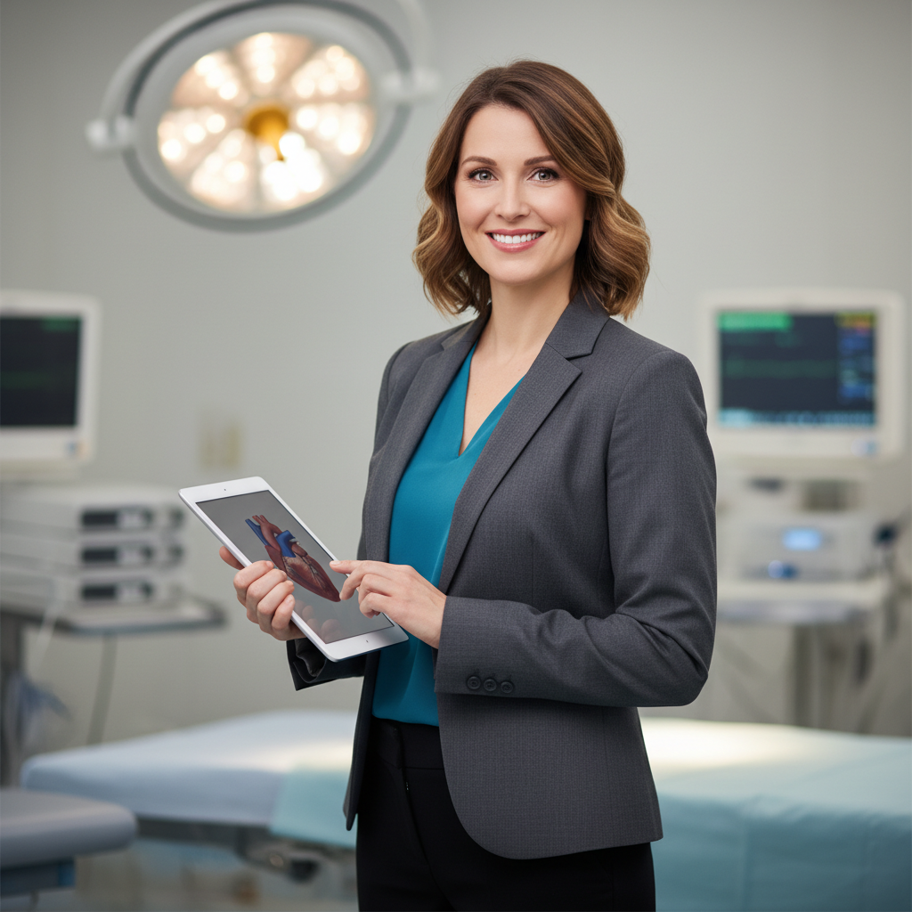 Nurse with medical device tablet in clinical setting