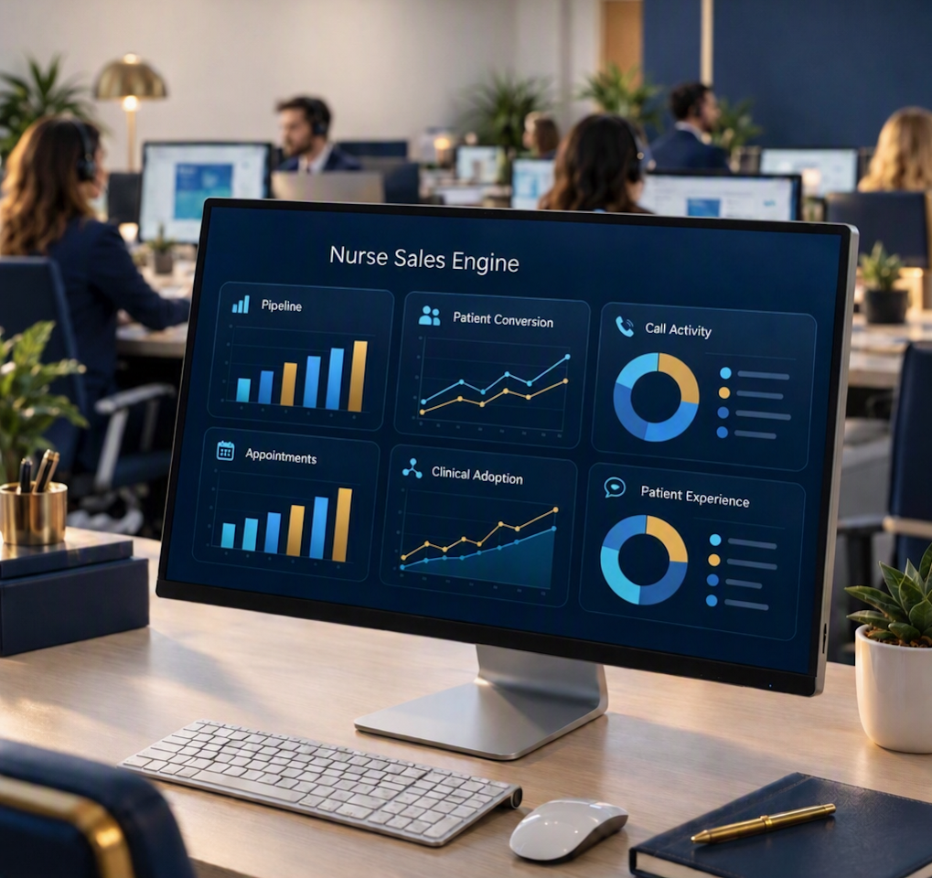 Nurse Sales Engine dashboard showing pipeline, appointments, patient conversion, clinical adoption, call activity and patient experience metrics