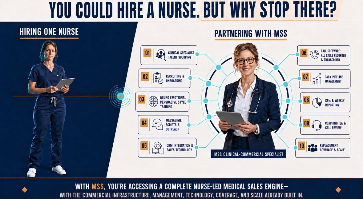 You could hire a nurse. But why stop there? Comparison of hiring one nurse versus partnering with MSS for a complete nurse-led medical sales engine with 10 service offerings.